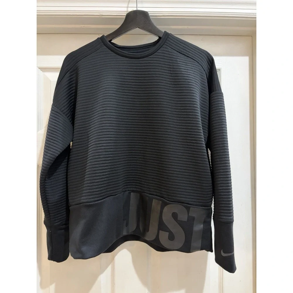 Nike Dri-FIT Ribbed Crewneck Sweatshirt Black Just Do It Logo Women's S
